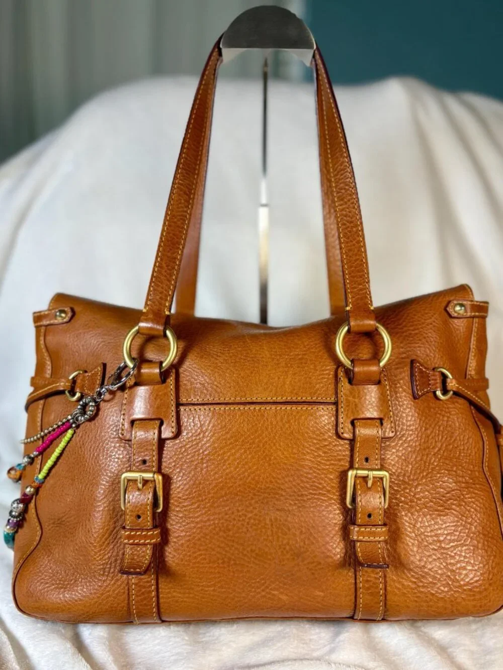 Dooney and Bourke (Old Large) Florentine Tassel Satchel in Chestnut w/ Chain - Picture 6 of 16